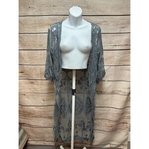 Rebellion Lace Duster Womens Size XS Gray Long Cover-up Casual